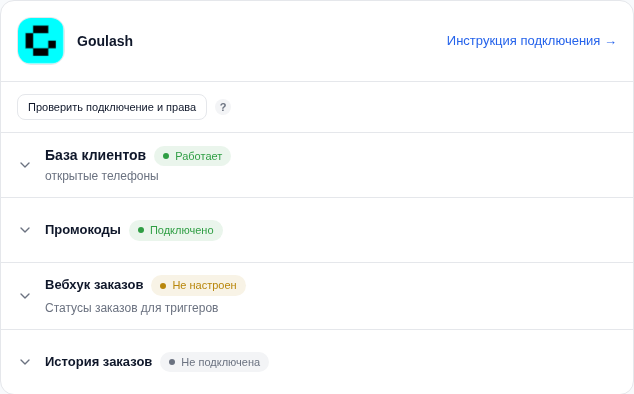 Одна карточка Goulash: база клиентов, промокоды, вебхук заказов и история заказов; стрелки раскрывают настройки