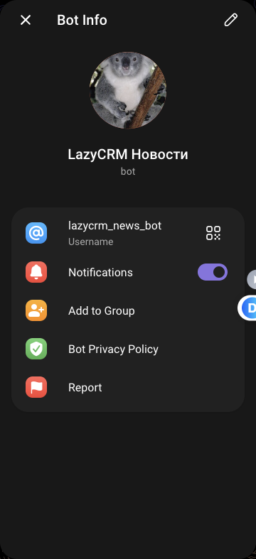 Профиль бота Telegram: username lazycrm_news_bot и пункт Add to Group