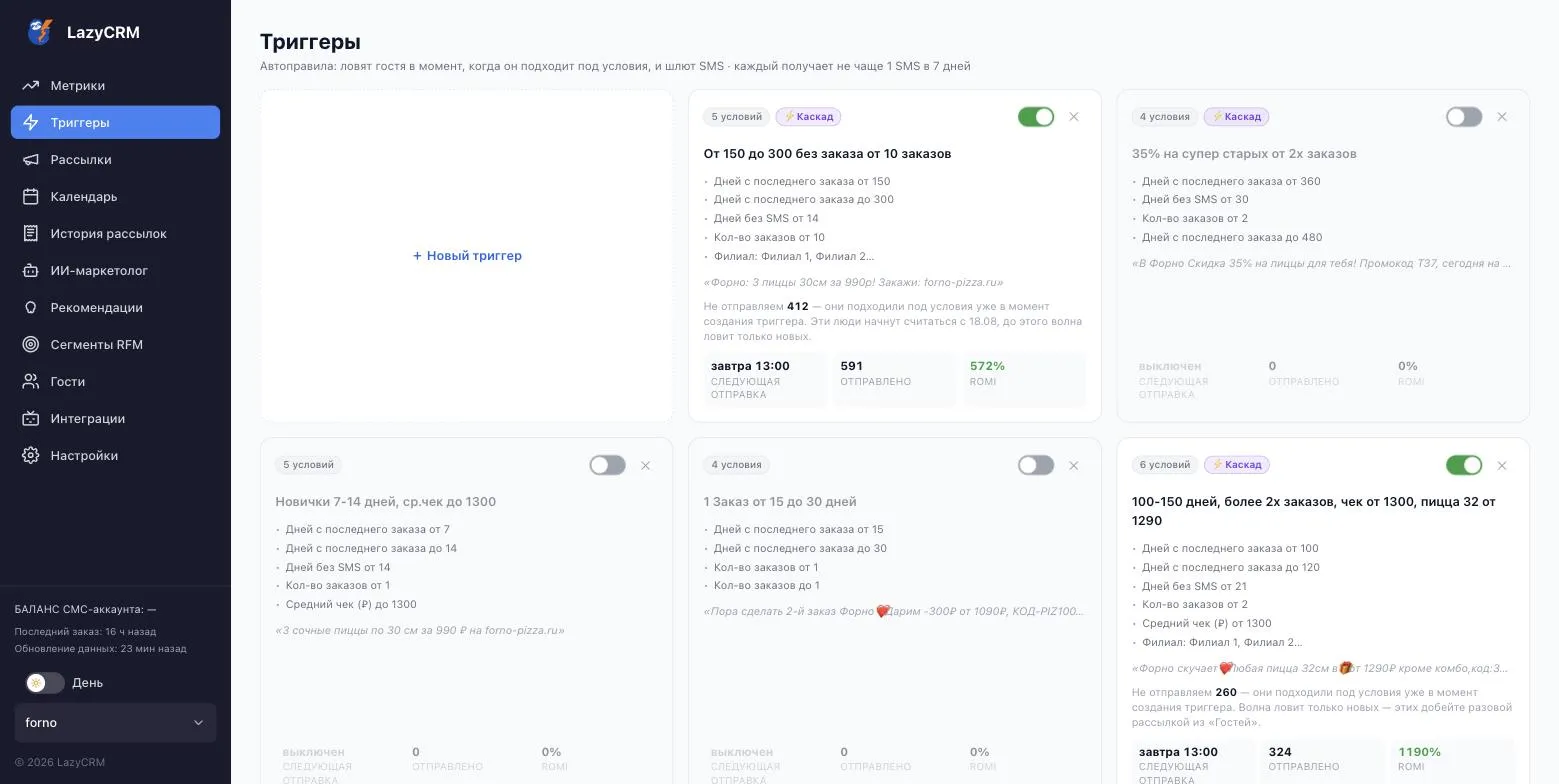 Список триггеров в кабинете LazyCRM